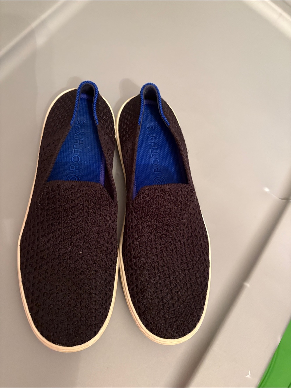 Rothy's Black Knit Slip-On Loafers with Blue Lining